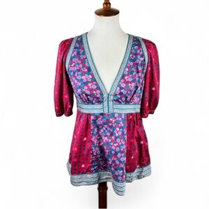Marc Jacobs Floral Print V-Neck Blouse - Size 8 - Colorful Boho Peasant Top